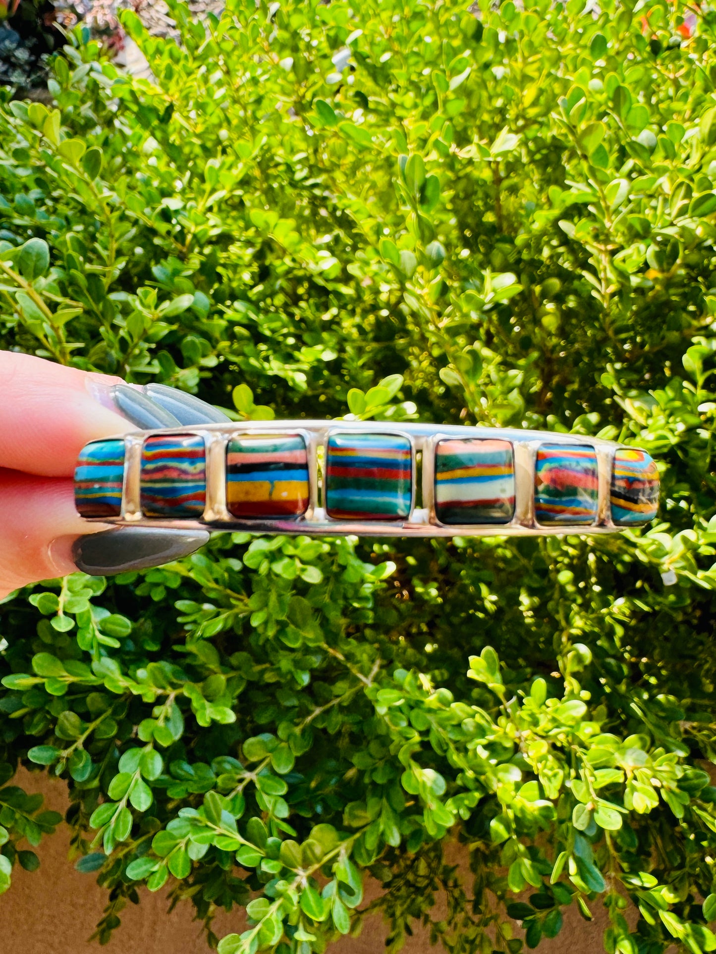 Sterling Silver Rainbow Cadillac Calsilica Cuff Bracelet