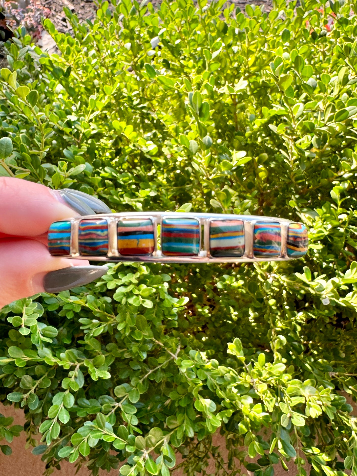 Sterling Silver Rainbow Cadillac Calsilica Cuff Bracelet