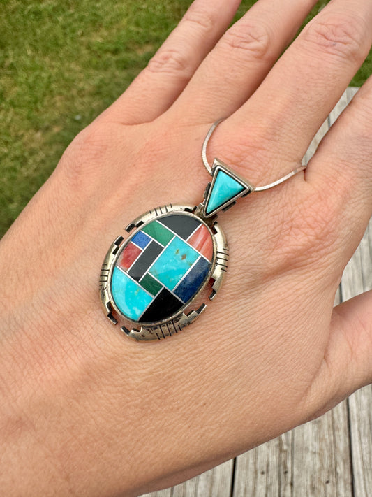 Vintage Sterling Silver Multi-Stone Inlay Necklace