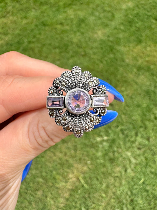 Vintage Sterling Silver Amethyst and Marcasite Ring