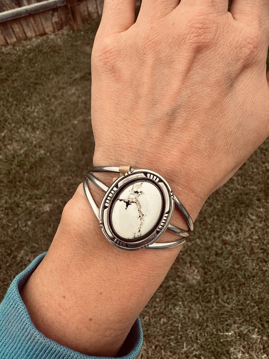 Sterling Silver Signed White Buffalo Cuff Bracelet