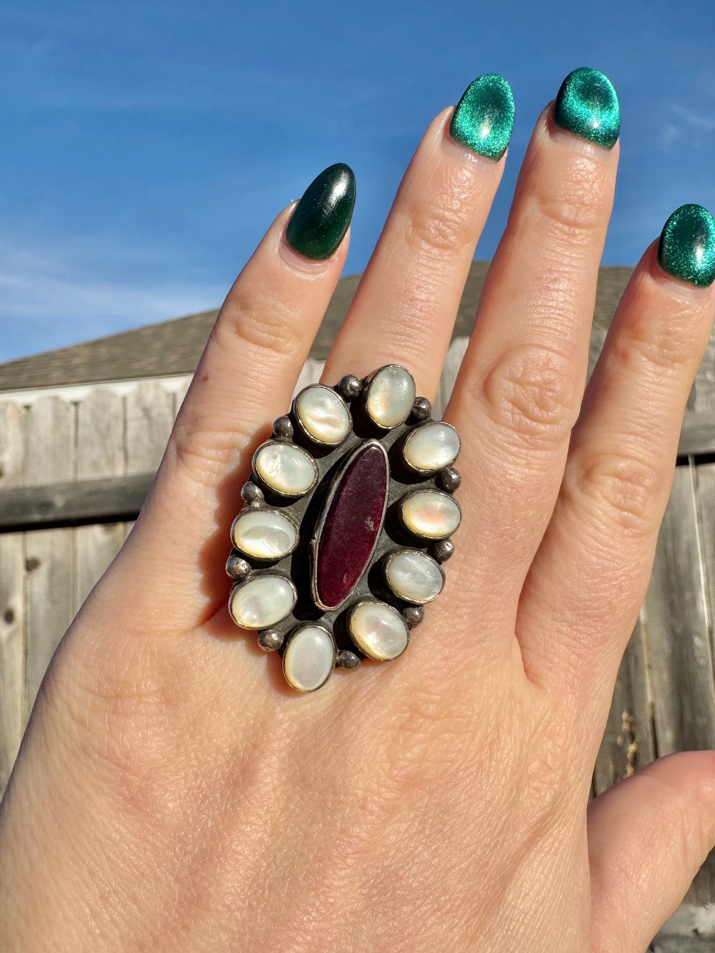 Sterling Silver Mother of Pearl and Spiny Oyster Cluster Ring