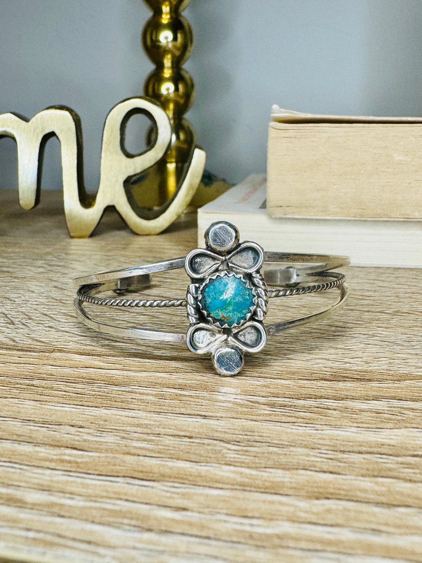 Vintage Handmade Sterling Silver Turquoise Signed Cuff Bracelet