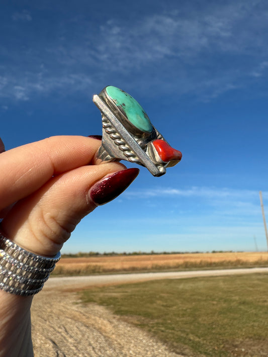 Large Sterling Silver Native Turquoise and Coral Ring