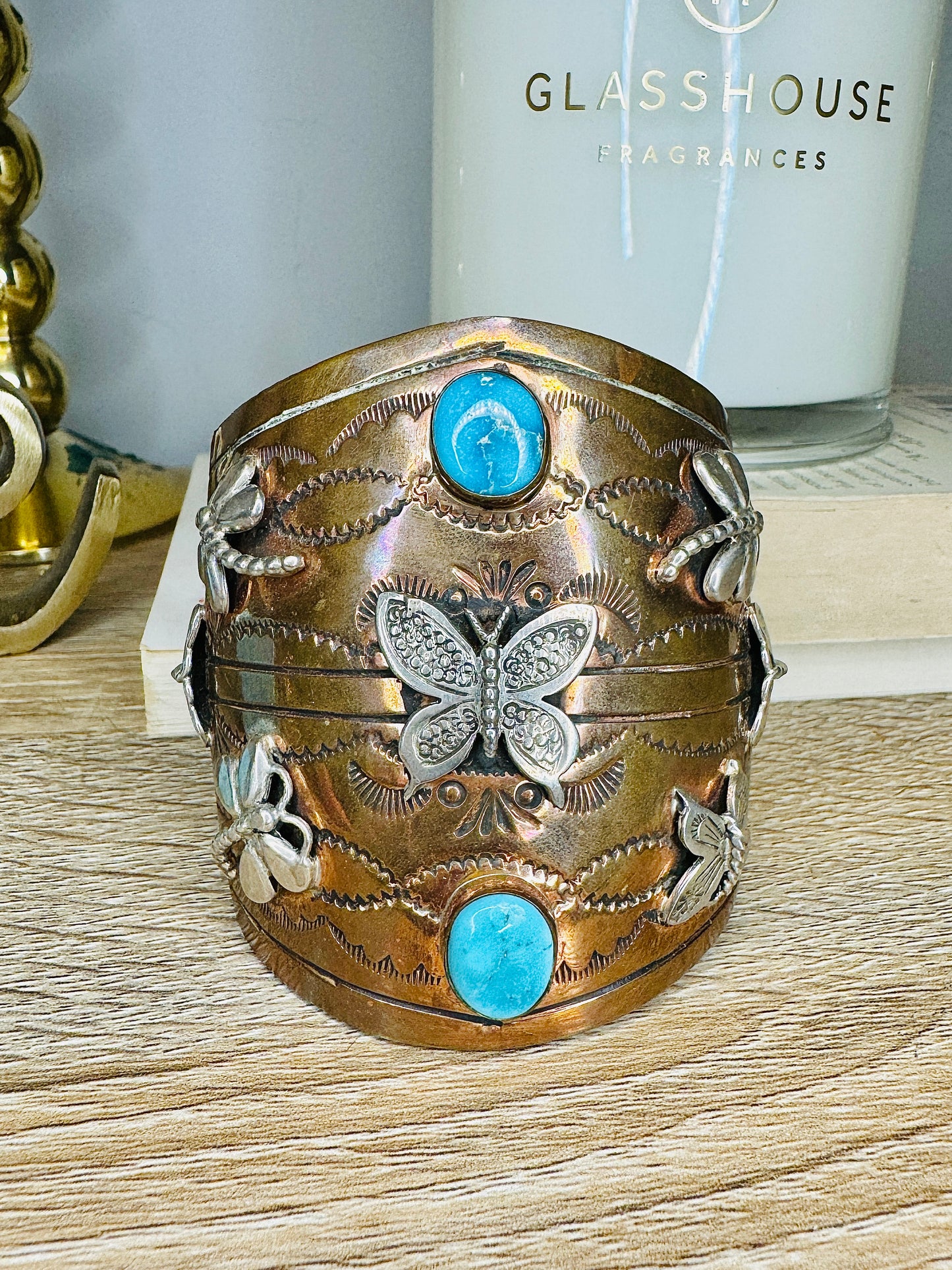 Copper and Sterling Dragonfly and Butterfly Turquoise Cuff Bracelet