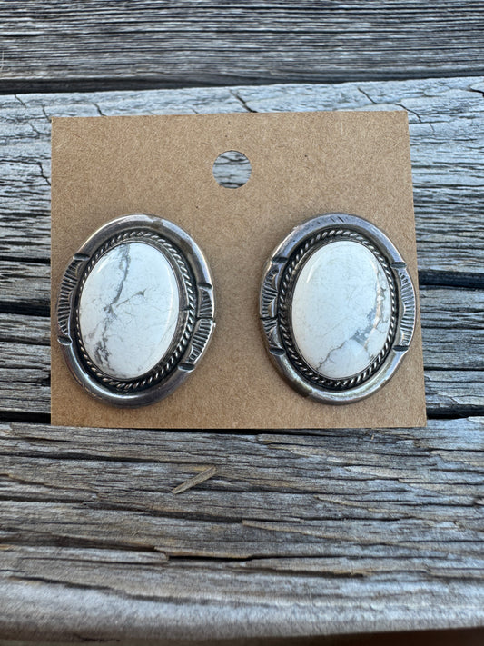 Sterling Silver White Buffalo Stud Earrings signed