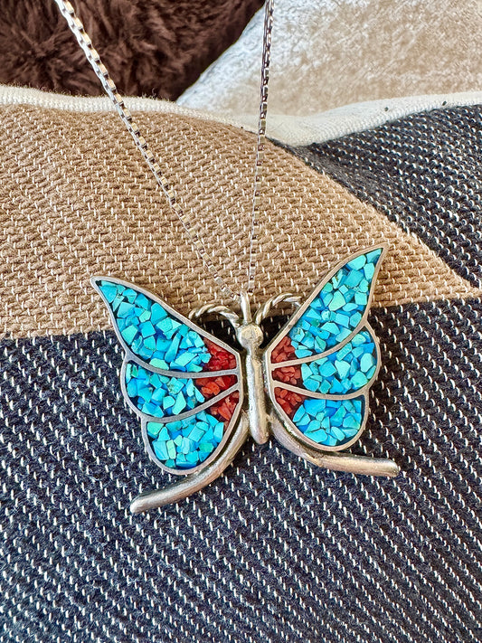 Sterling Silver Turquoise and Coral Signed Butterfly Necklace