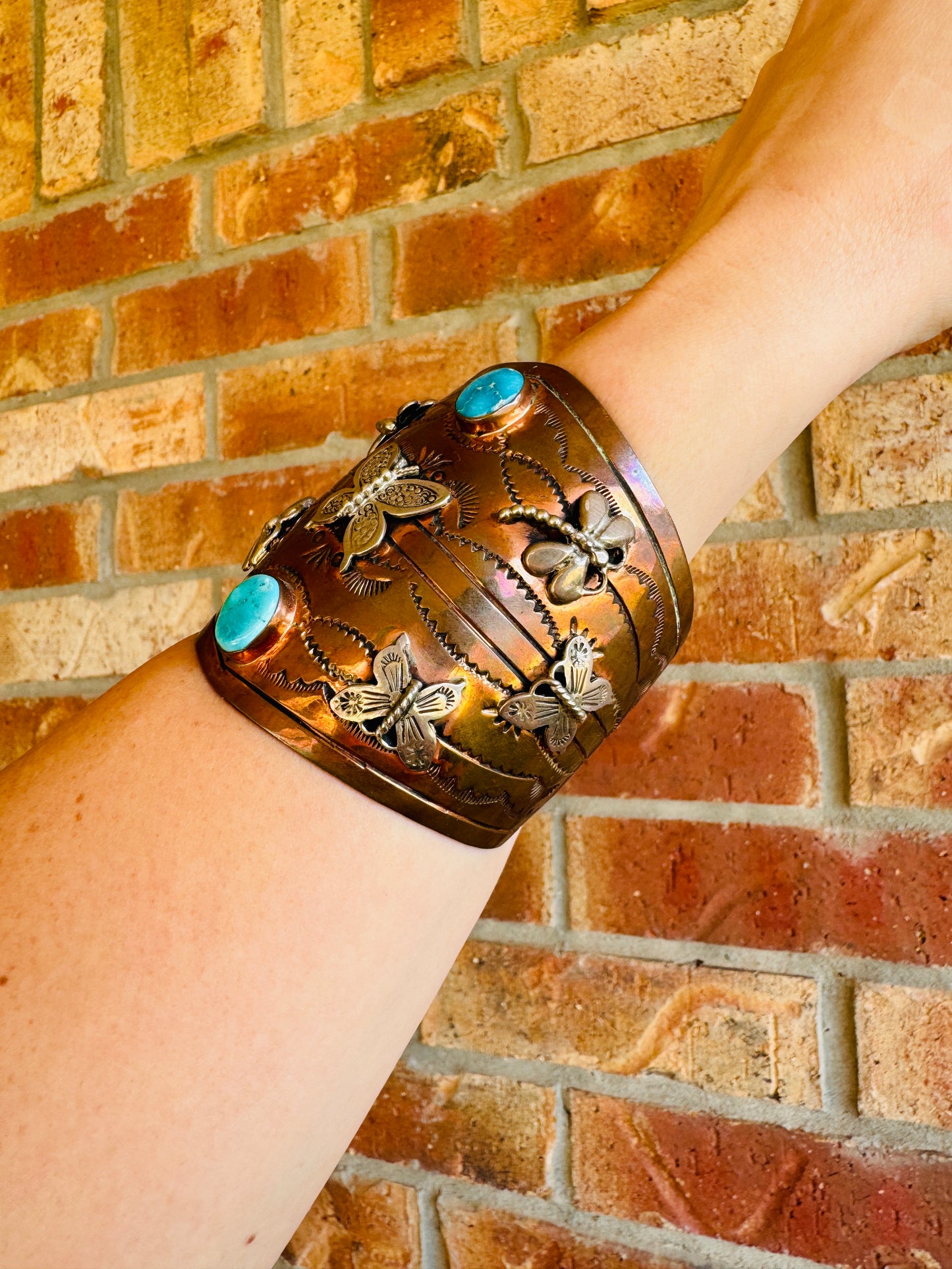 Copper and Sterling Dragonfly and Butterfly Turquoise Cuff Bracelet