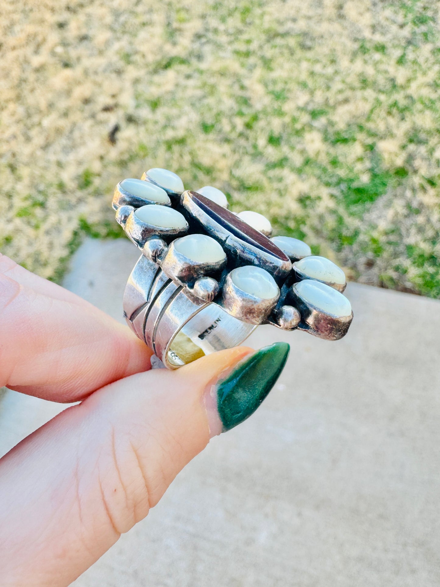 Sterling Silver Mother of Pearl and Spiny Oyster Cluster Ring