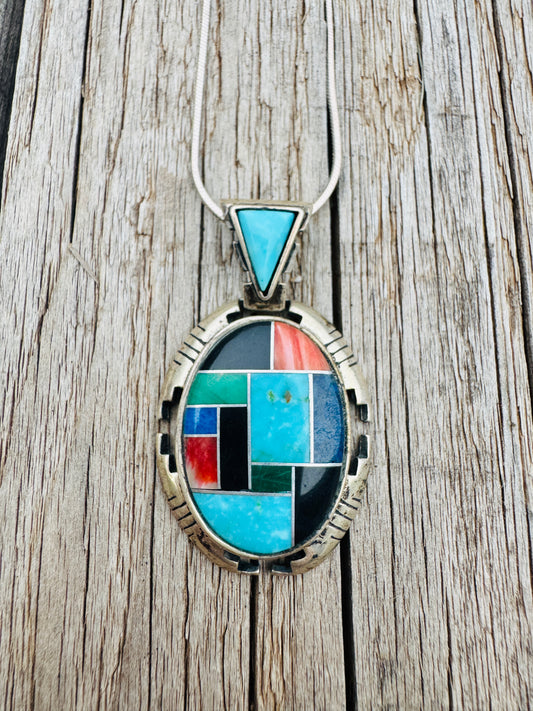 Vintage Sterling Silver Multi-Stone Inlay Necklace