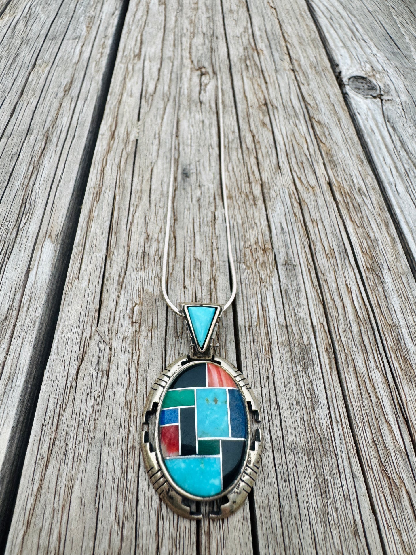 Vintage Sterling Silver Multi-Stone Inlay Necklace
