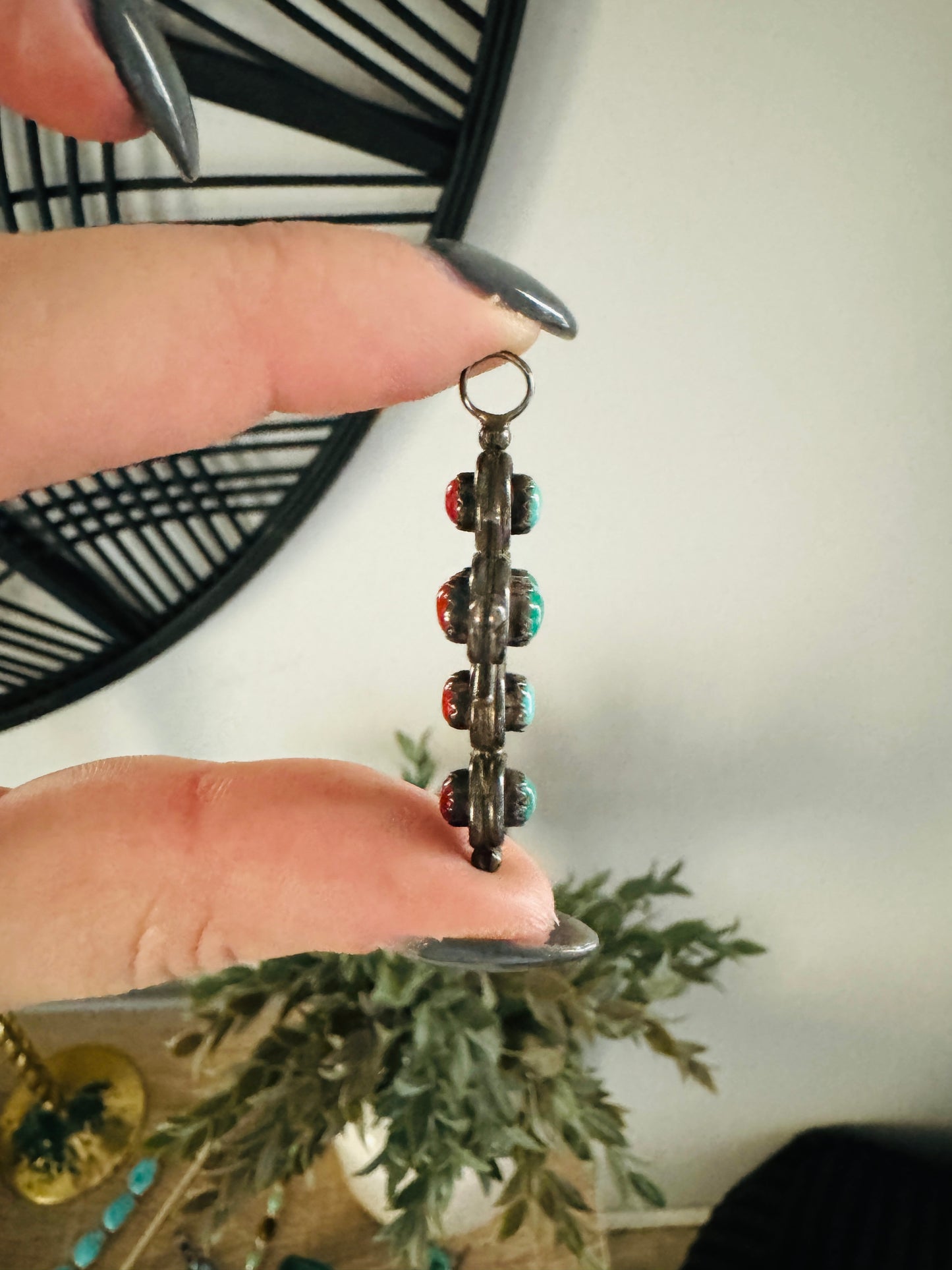 Sterling Silver Coral and Turquoise Cross Pendant