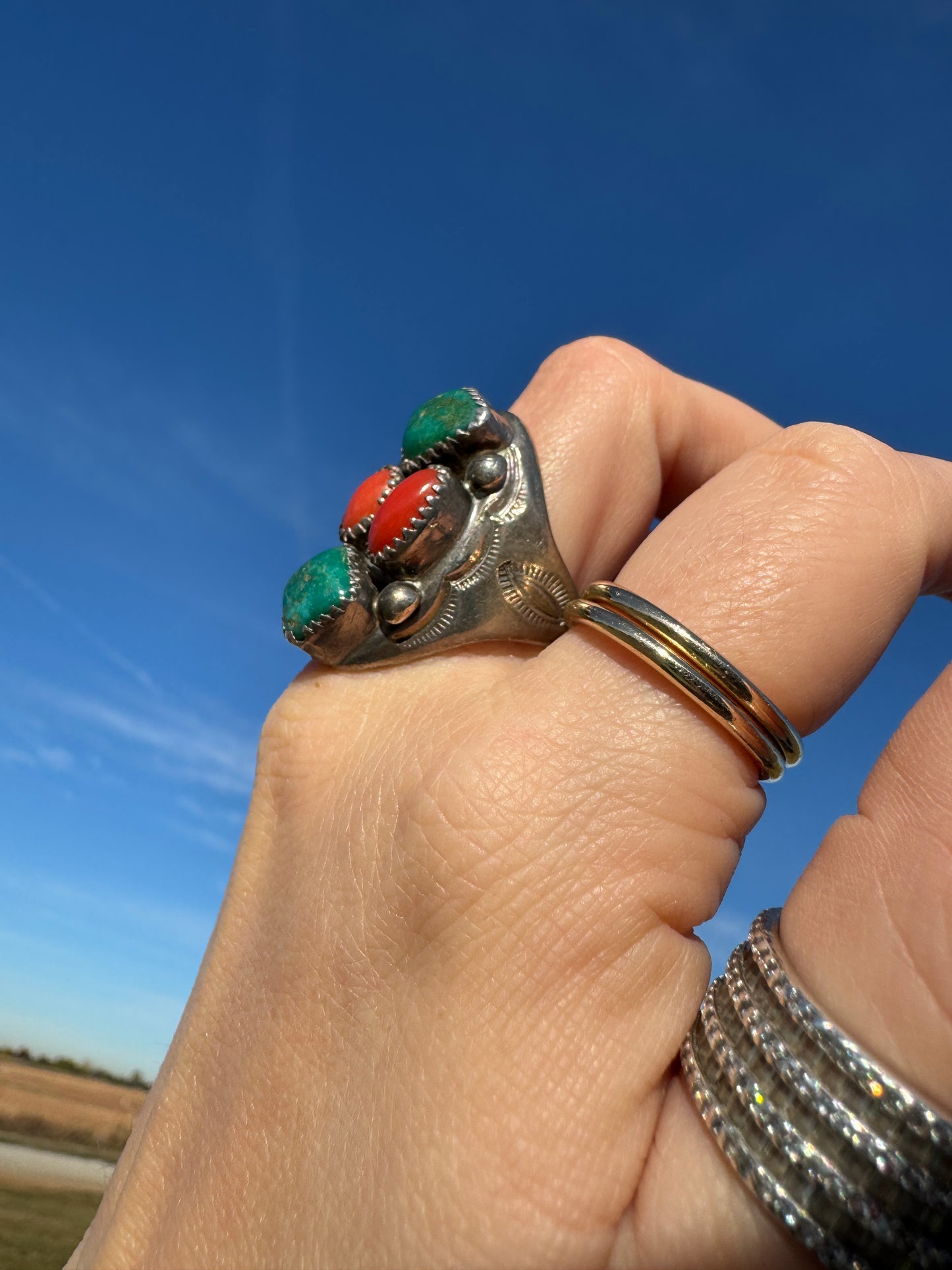 Navajo Sterling Silver Turquoise and Coral Ring signed by artist