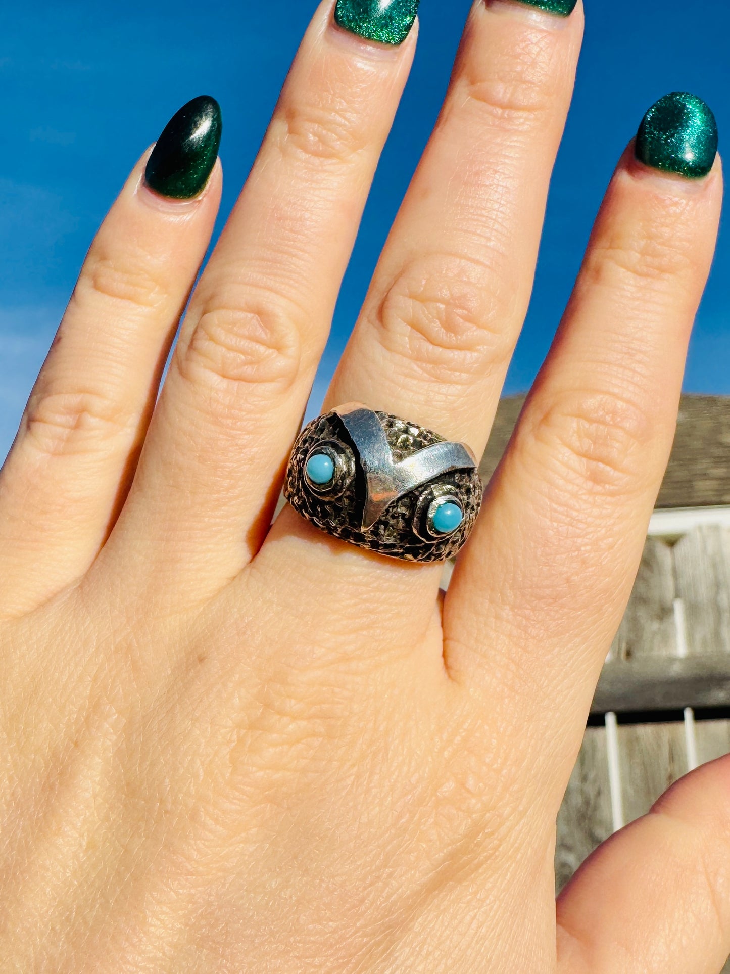 Vintage Sterling Silver Owl Turquoise Ring