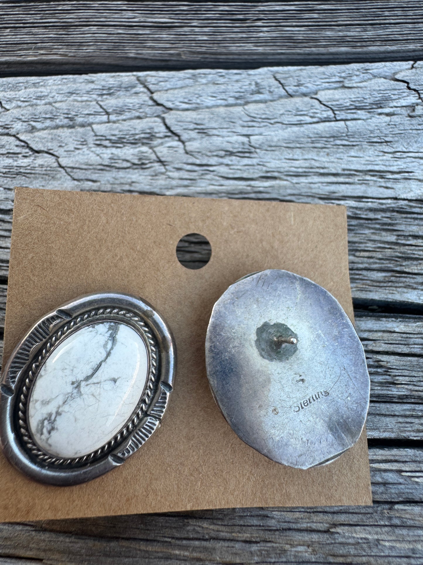 Sterling Silver White Buffalo Stud Earrings signed
