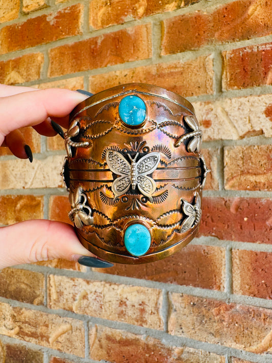 Copper and Sterling Dragonfly and Butterfly Turquoise Cuff Bracelet