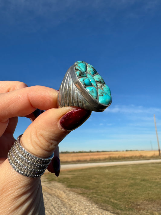 Large Vintage Sterling Turquoise Ring signed by artist