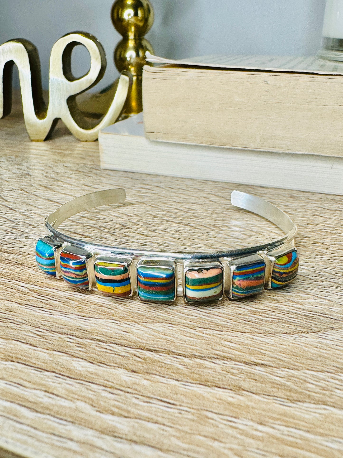 Sterling Silver Rainbow Cadillac Calsilica Cuff Bracelet