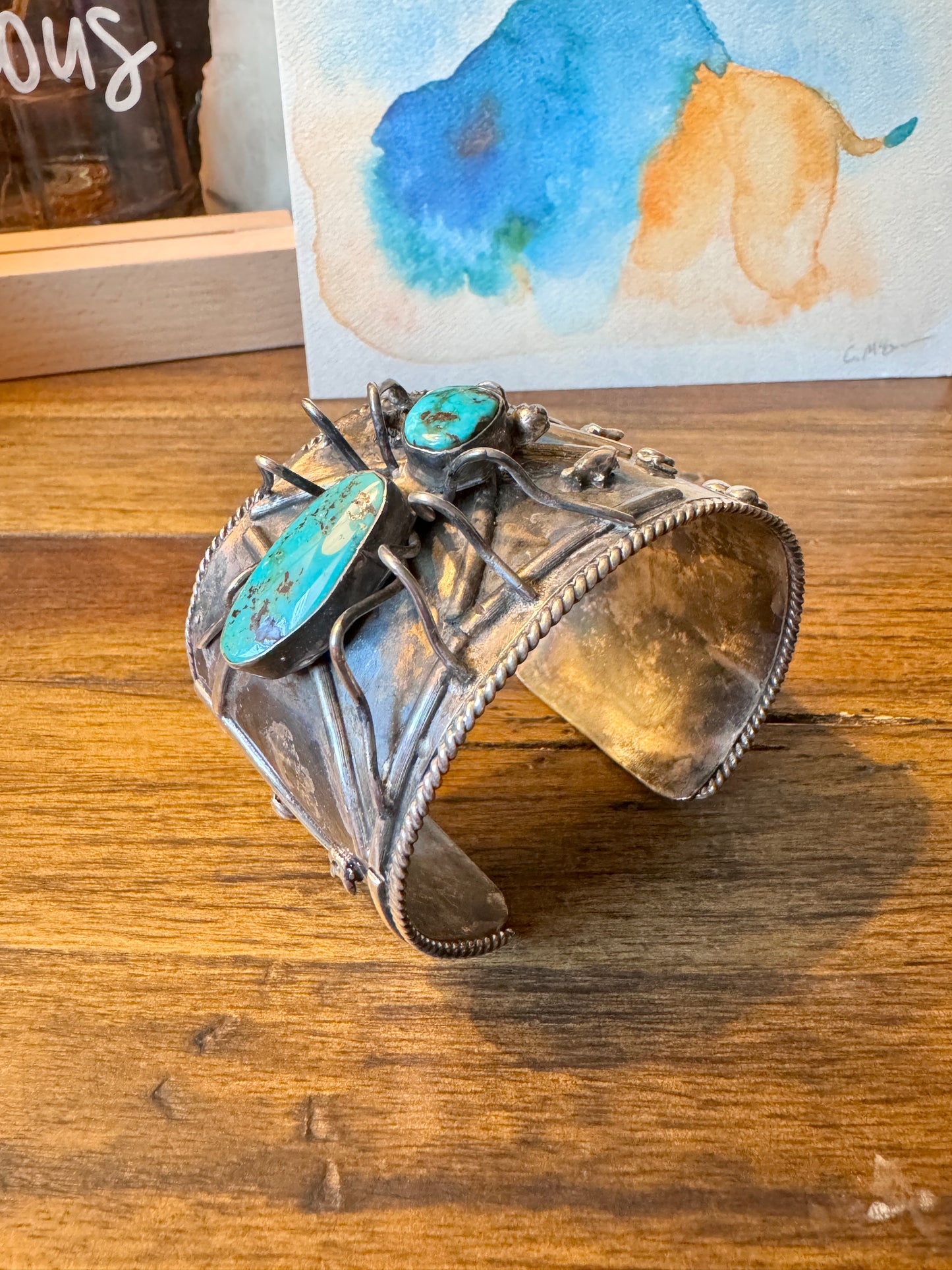 Vintage Sterling Silver Spider And Web Turquoise Cuff