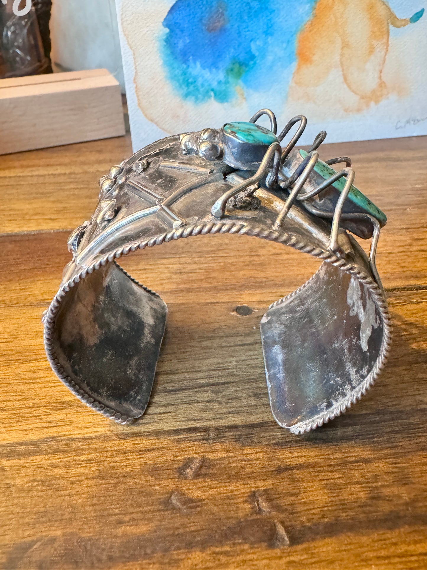 Vintage Sterling Silver Spider And Web Turquoise Cuff