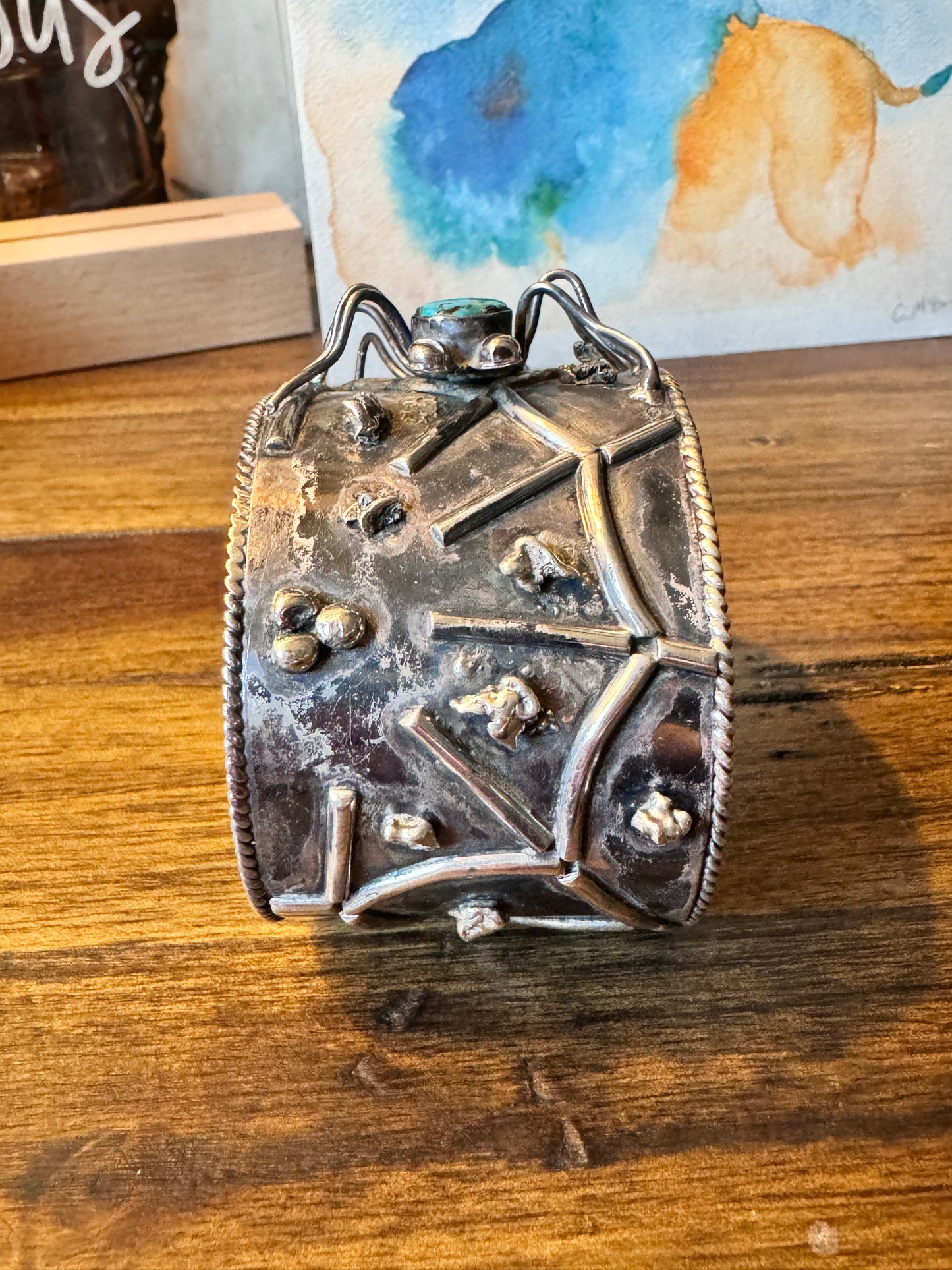 Vintage Sterling Silver Spider And Web Turquoise Cuff