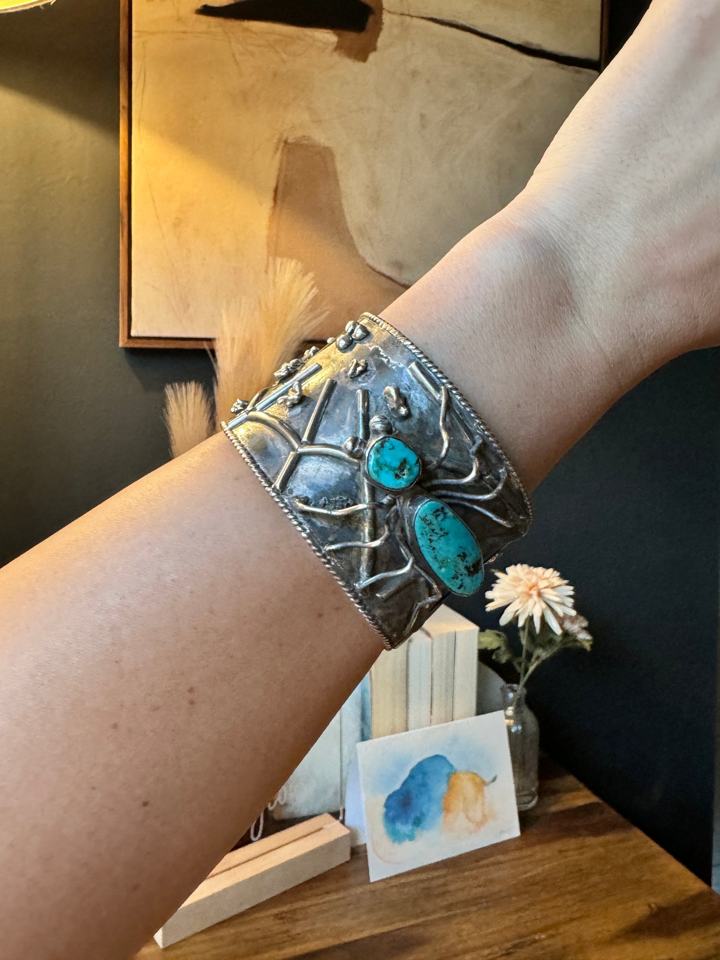 Vintage Sterling Silver Spider And Web Turquoise Cuff