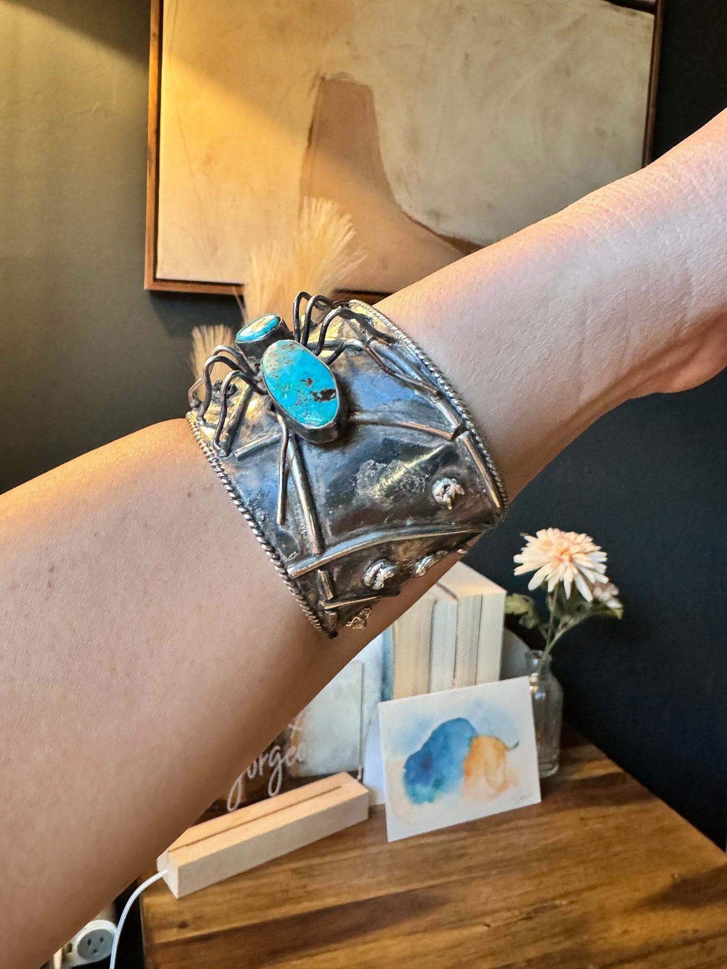 Vintage Sterling Silver Spider And Web Turquoise Cuff