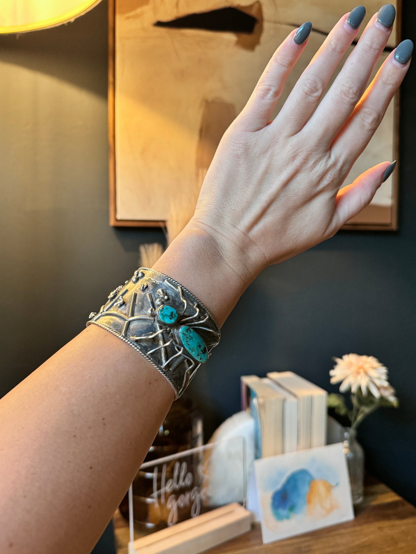 Vintage Sterling Silver Spider And Web Turquoise Cuff