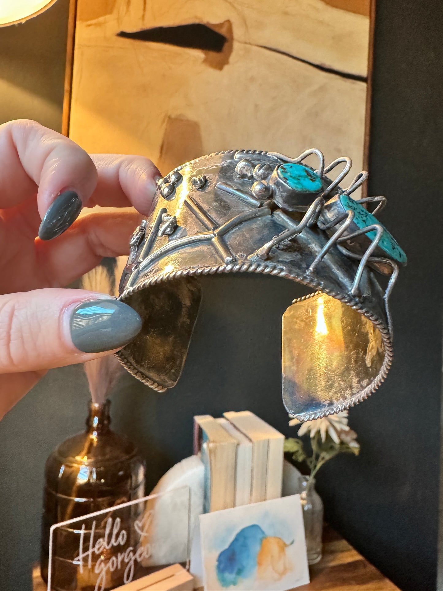 Vintage Sterling Silver Spider And Web Turquoise Cuff