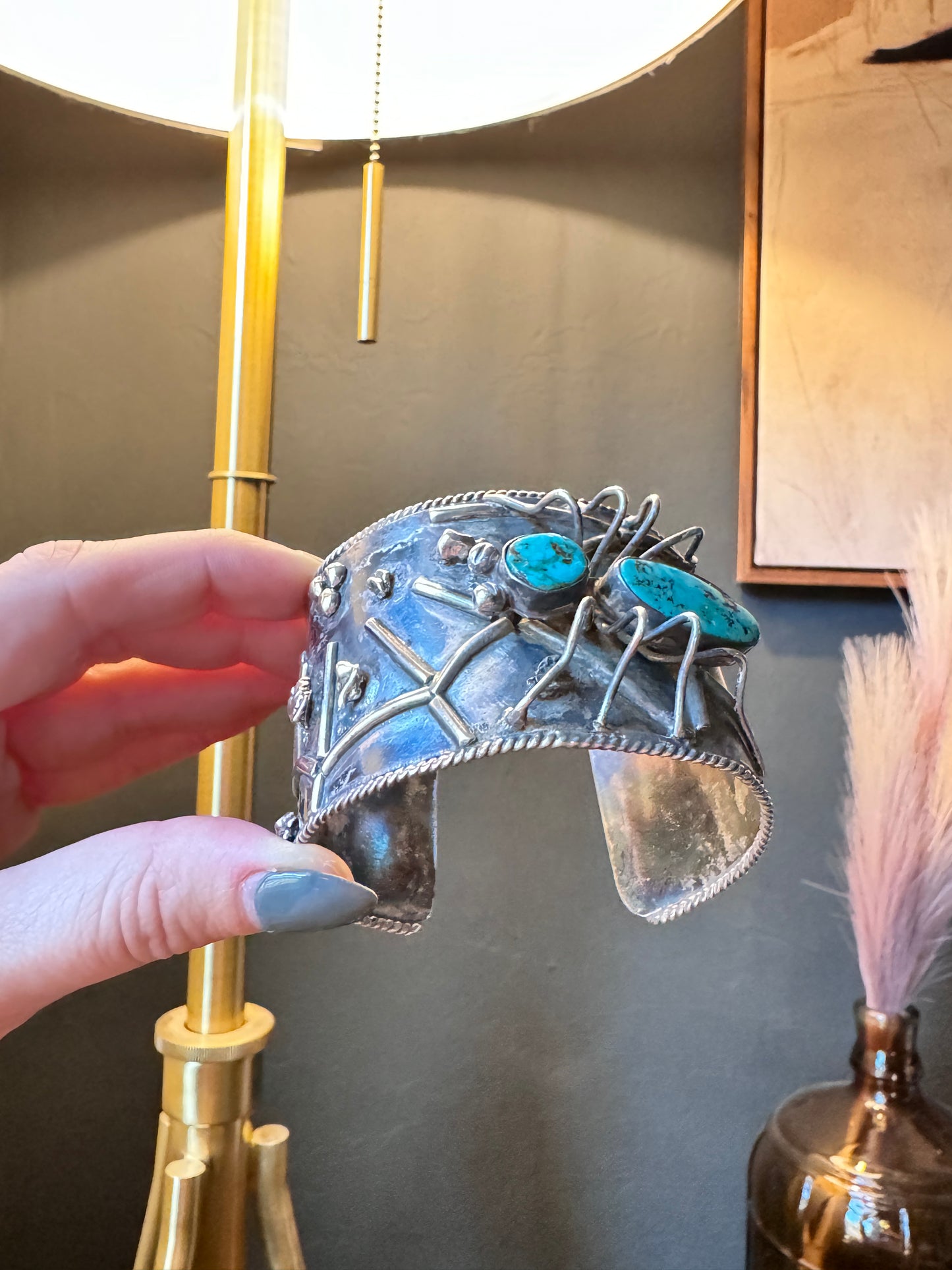 Vintage Sterling Silver Spider And Web Turquoise Cuff