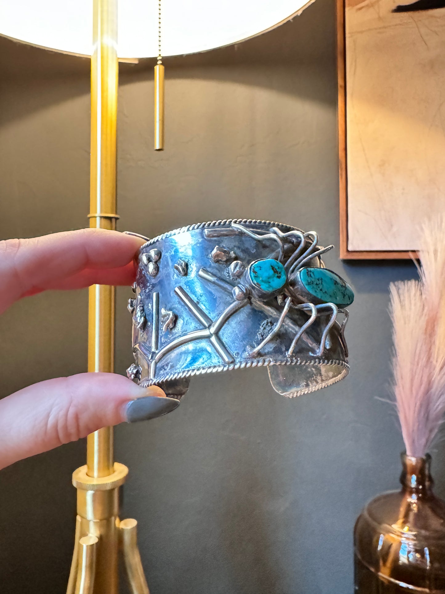 Vintage Sterling Silver Spider And Web Turquoise Cuff
