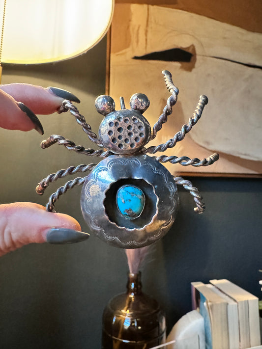 Large Vintage Sterling and Turquoise Spider Pendant Native American