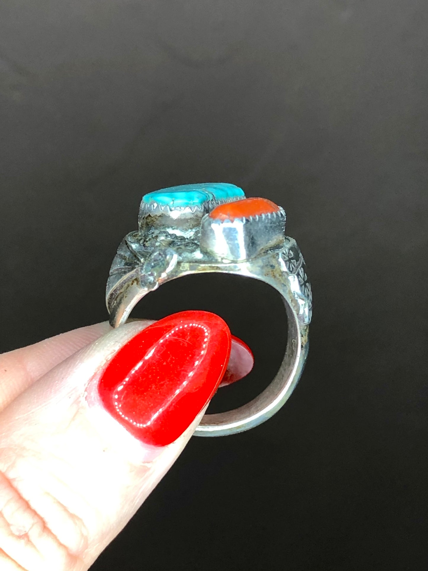 Old Pawn Sterling Turquoise + Coral Ring Signed
