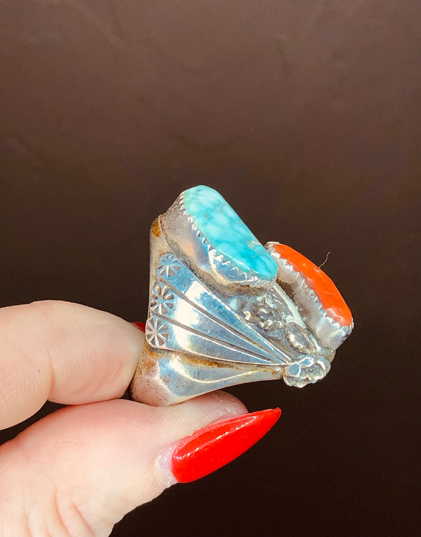 Old Pawn Sterling Turquoise + Coral Ring Signed