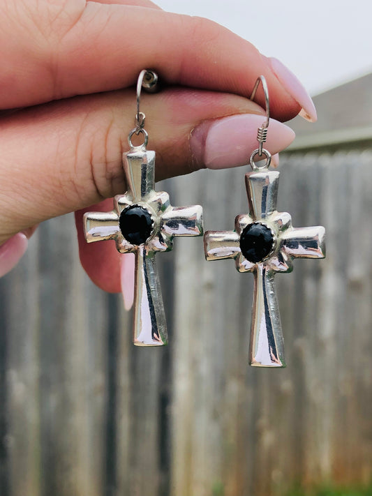 Sterling Black Onyx Cross Earrings
