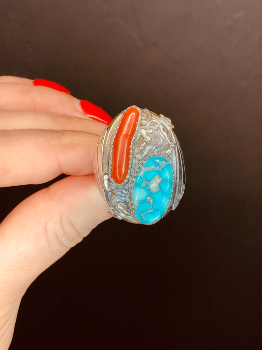 Turquoise + Coral Ring Signed
