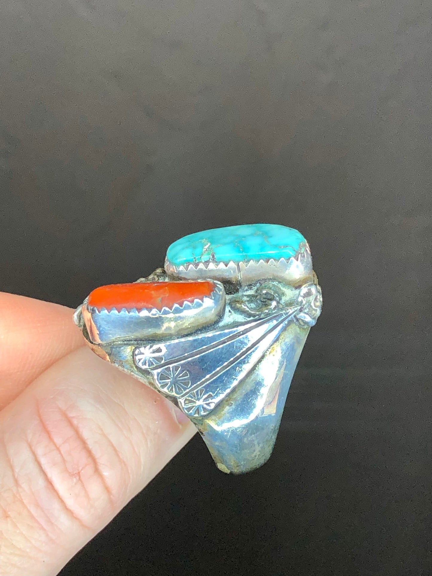 Old Pawn Sterling Turquoise + Coral Ring Signed