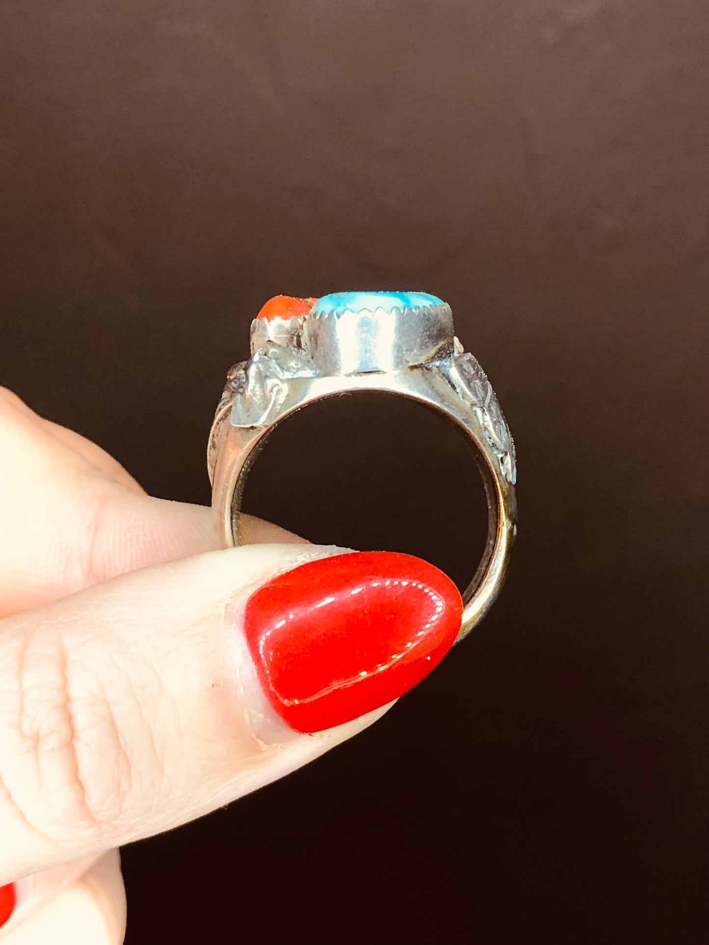 Turquoise + Coral Ring Signed