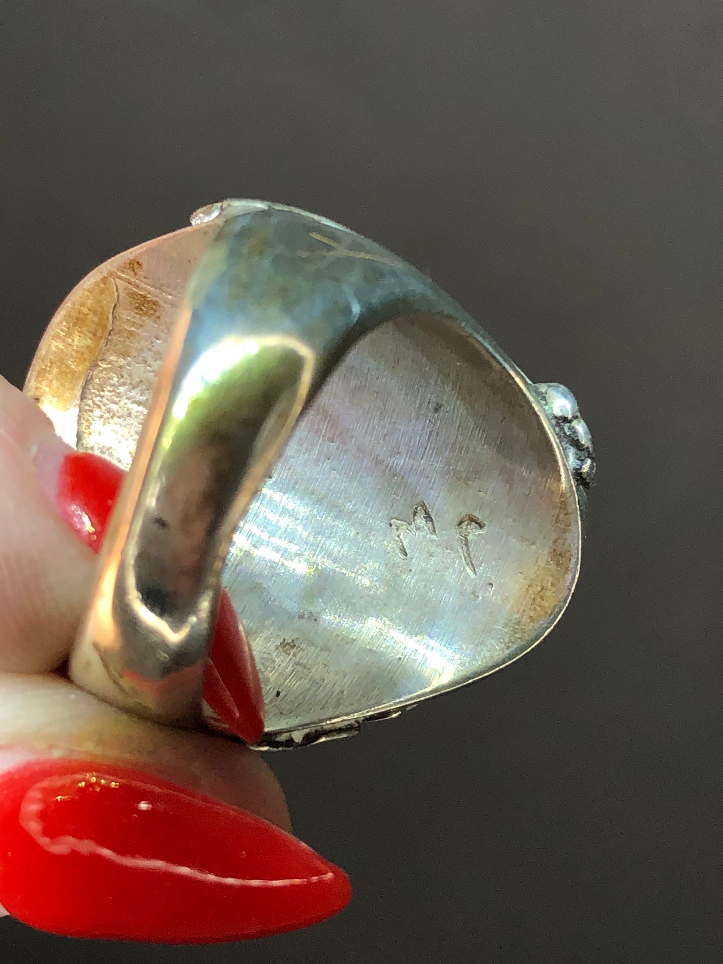 Old Pawn Sterling Turquoise + Coral Ring Signed