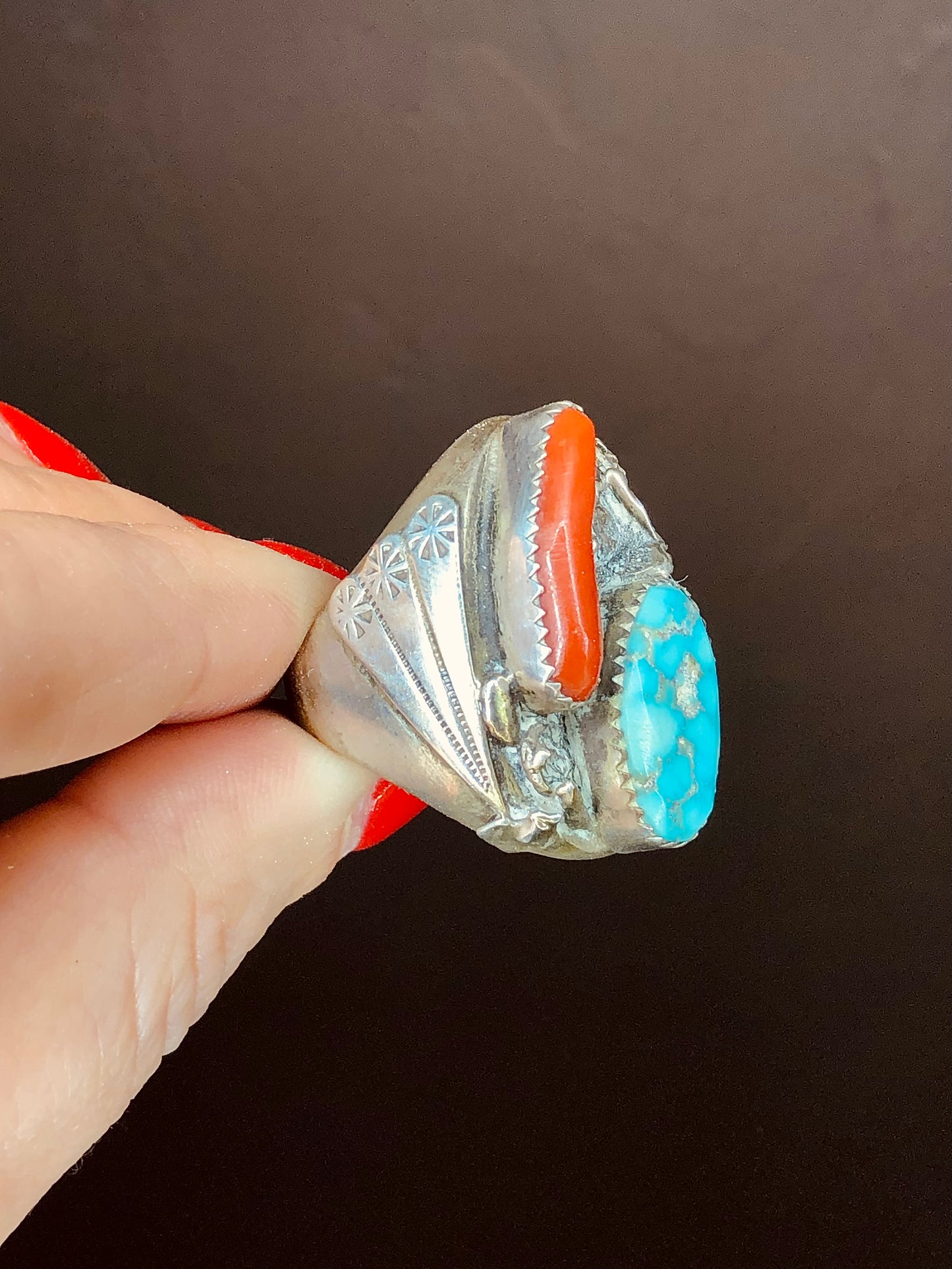 Turquoise + Coral Ring Signed
