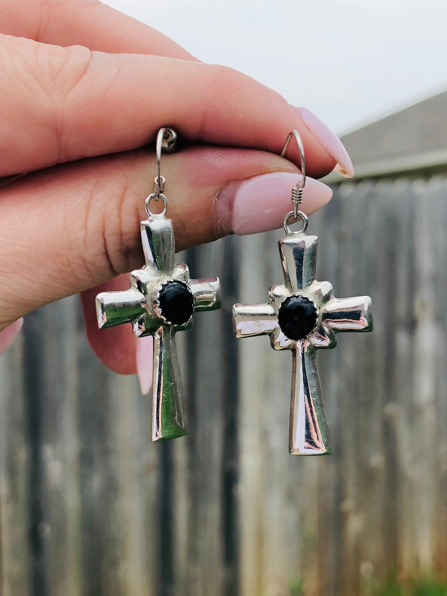 Sterling Black Onyx Cross Earrings
