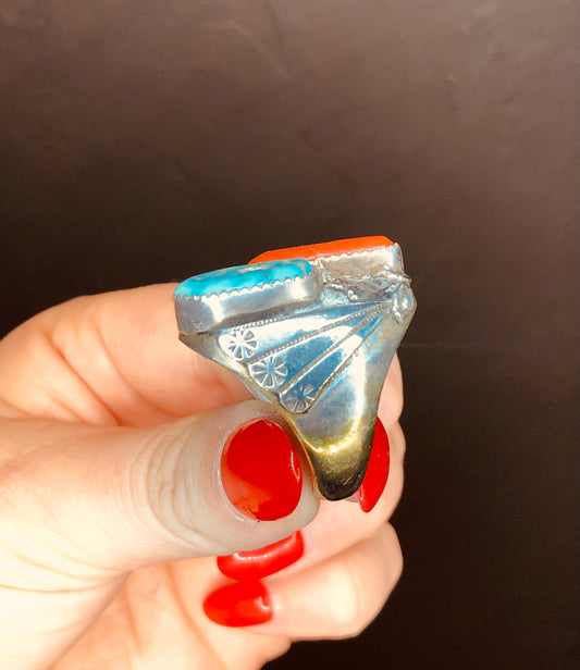 Turquoise + Coral Ring Signed