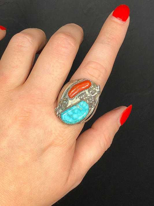 Old Pawn Sterling Turquoise + Coral Ring Signed