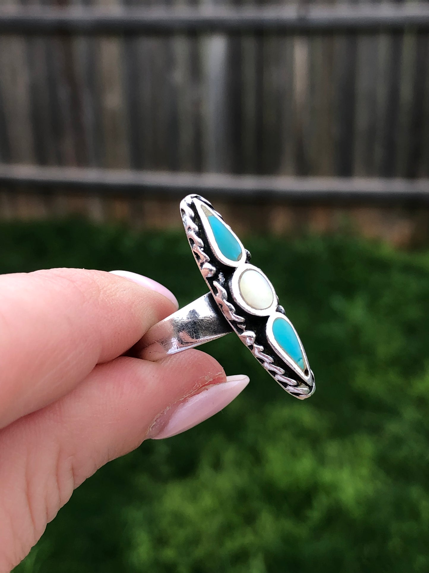 Vintage Sterling Mother of Pearl and Turquoise Ring