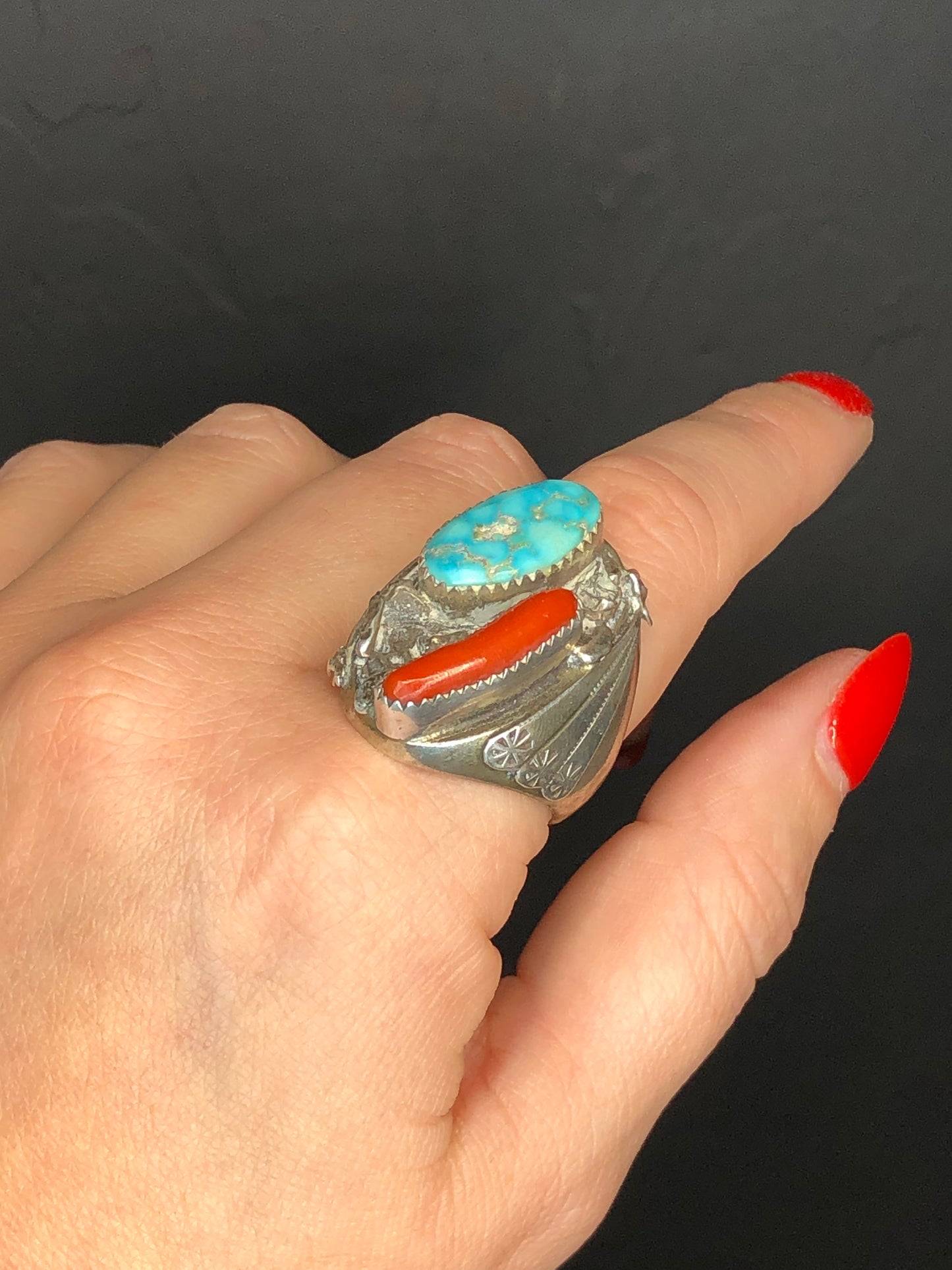 Turquoise + Coral Ring Signed