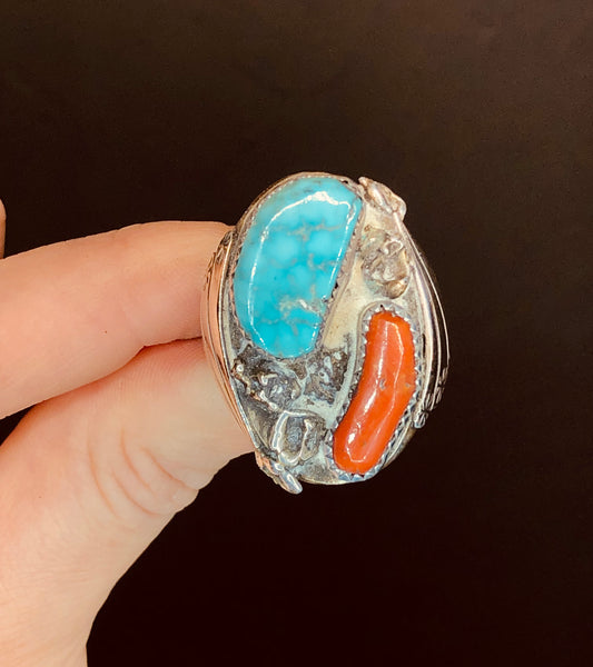 Old Pawn Sterling Turquoise + Coral Ring Signed