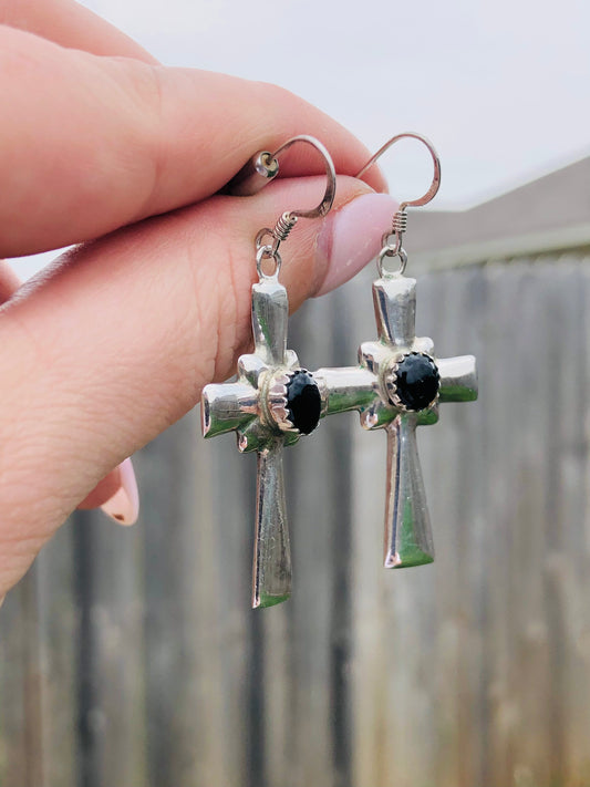 Sterling Black Onyx Cross Earrings