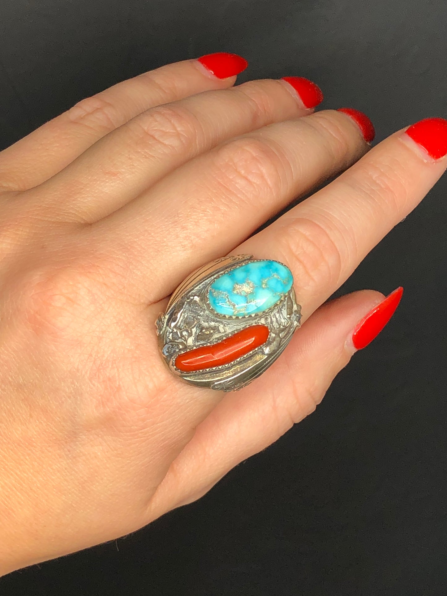 Turquoise + Coral Ring Signed