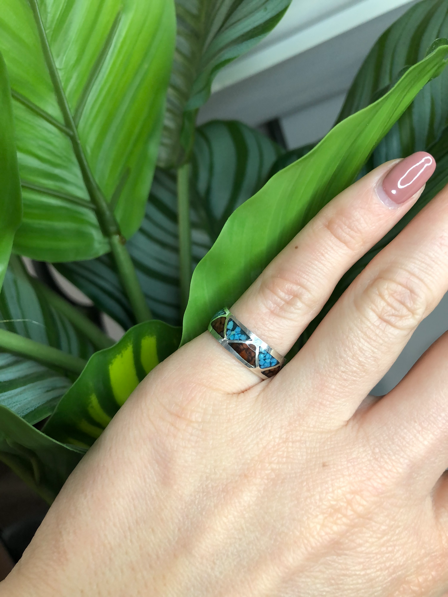 Old Pawn Sterling Silver Eternity Coral and Turquoise Chip Inlay Ring