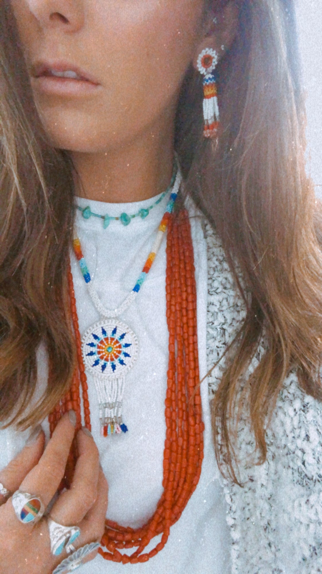 Authentic Handmade Seed Bead Rosette Necklace and Earrings SET